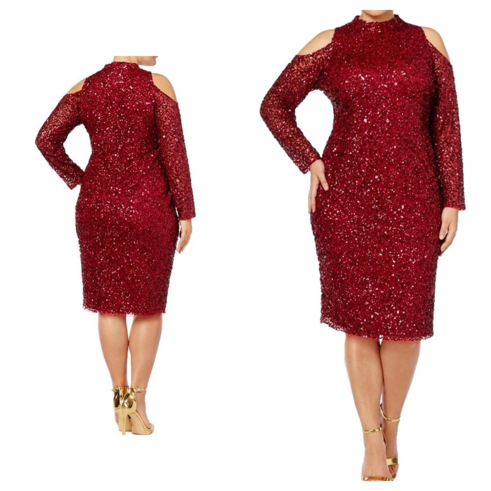 Adrianna Papell Short Cold Shoulder Beaded Dress